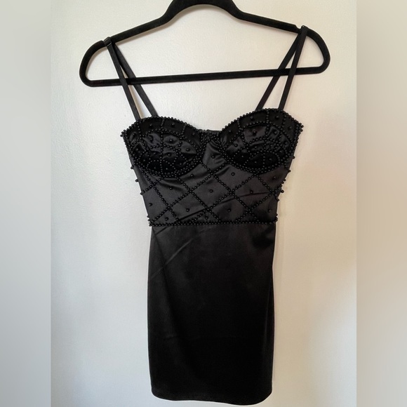 Black Satin Beaded Bustier Bodycon Mini Dress - Picture 3 of 7